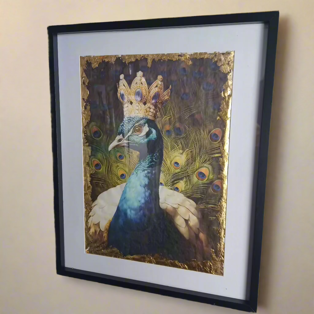 Alternative side view of the framed Prince Peacock print showing depth and color detailing.