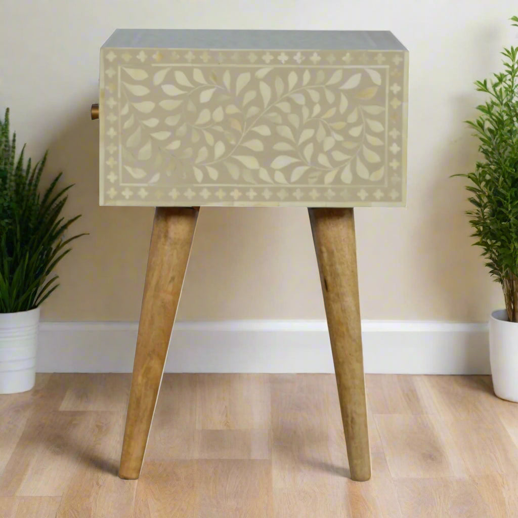 Floral Bone Inlay 1 Drawer Bedside Table - Grey (Oak-ish Finish)