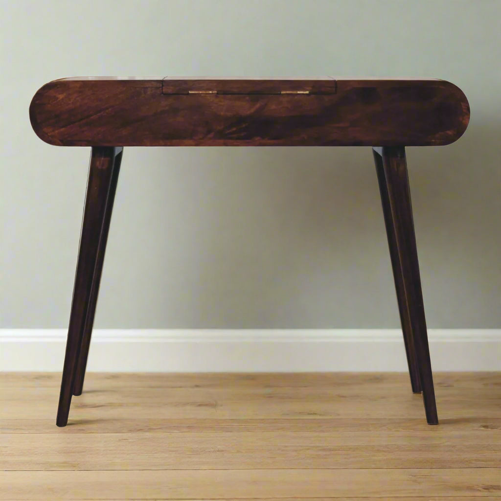 Back view of the rounded dressing table, highlighting the discreet fold-up hinges and nordic style legs