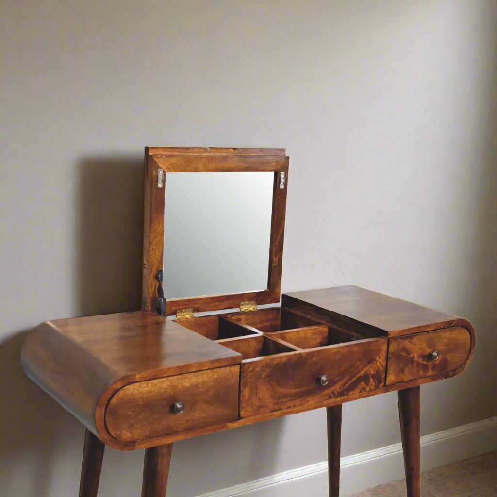 Front angled view of the rounded dressing table, with chestnut finish showcasing the fold-up mirror open