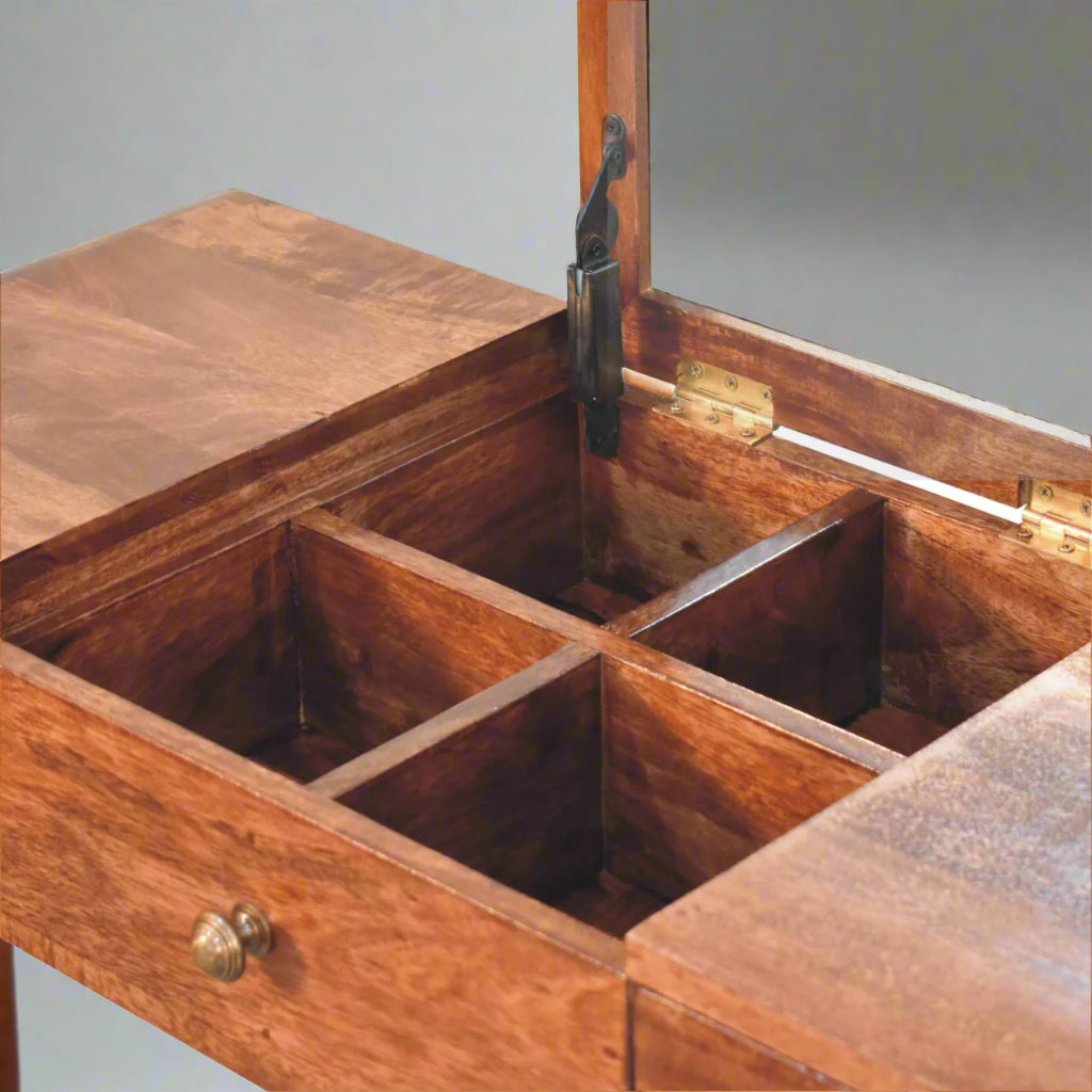 rounded dressing table with honey caramel finish, showcasing close up of open fold-up mirror, revealing inner storage compartments