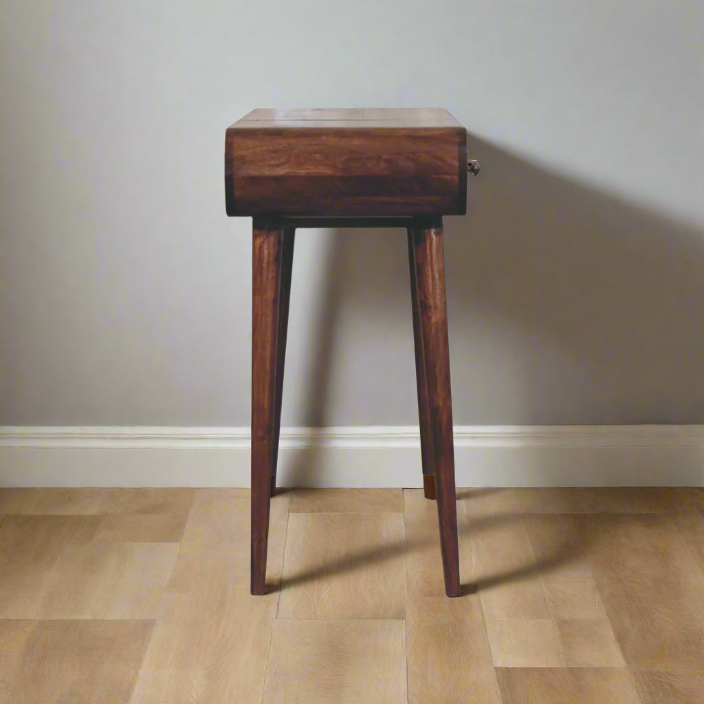 side view of the rounded dressing table with honey caramel finish.
