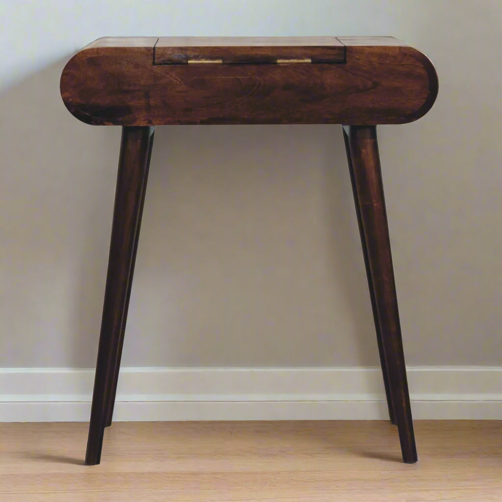 Rounded mini dressing table with california walnut finish, showcasing the table’s back view
