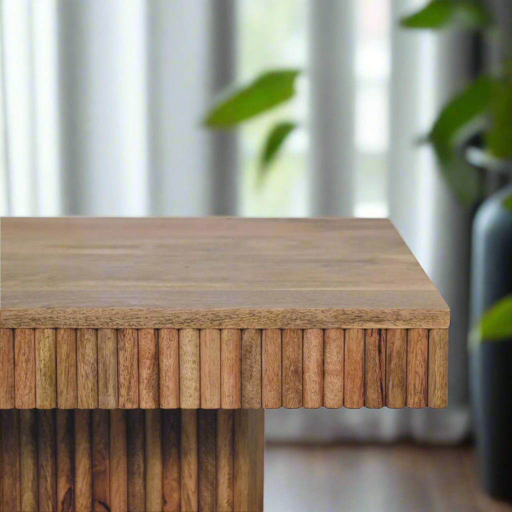 Zoomed-in view of the front left edge of the Soba Chunky Coffee Table, highlighting its classic oak-ish finish.