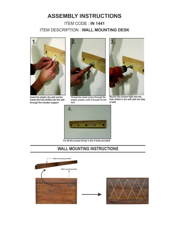 Image of the mounting instruction manual for the Wall Mounted Geo Brass Flip Down Desk, providing detailed steps for installation.