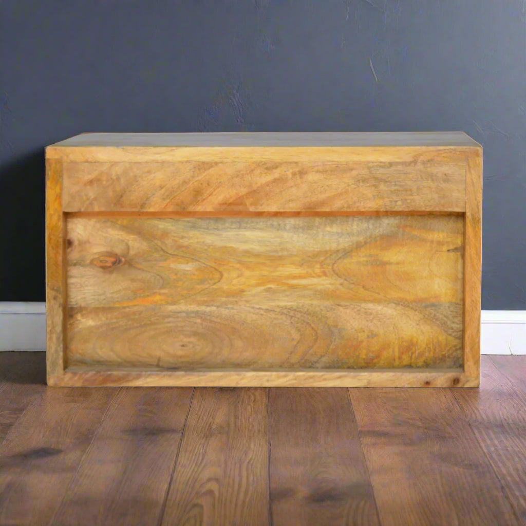 Back view of the wall mounted leopard print drawer table, showing the rear construction of the unit.