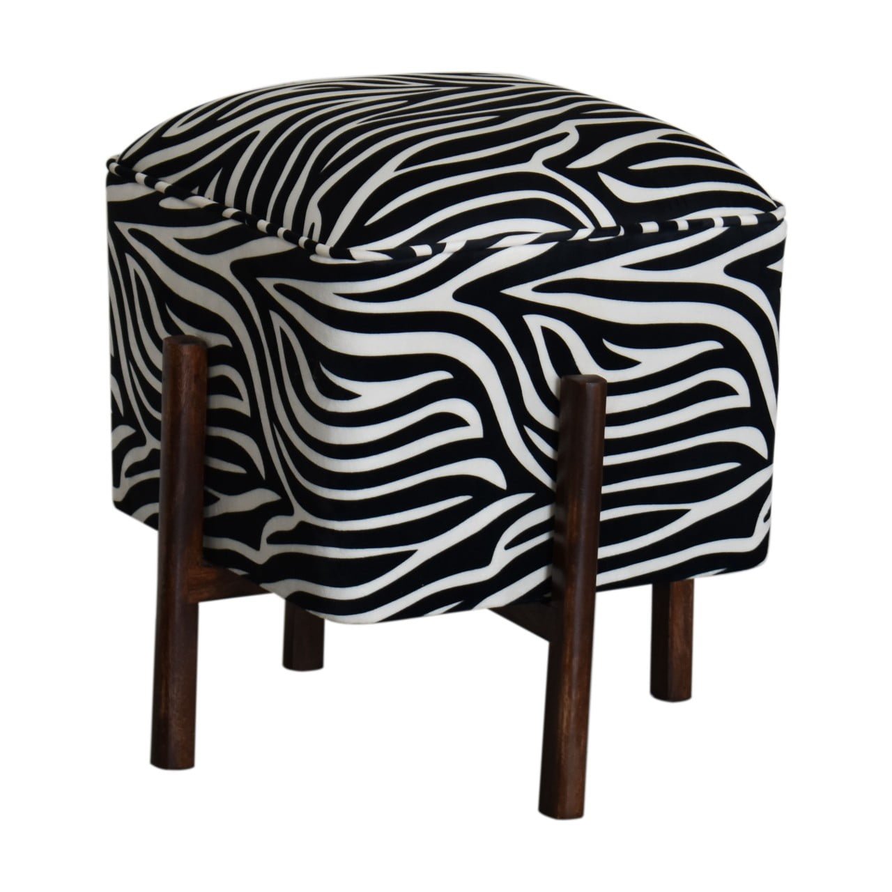 Close side profile of the zebra print footstool with smooth cotton velvet and walnut finish legs