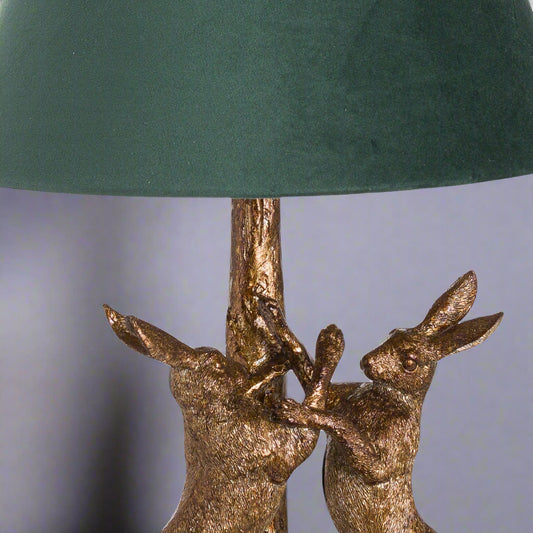 Antique Gold Marching Hares Lamp With Green Velvet Shade