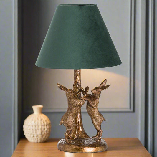 Antique Gold Marching Hares Lamp With Green Velvet Shade