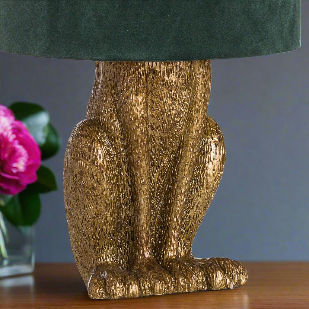 Antique Gold Hare Table Lamp With Green Velvet Shade