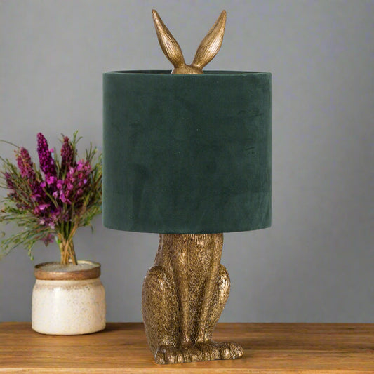 Antique Gold Hare Table Lamp With Green Velvet Shade