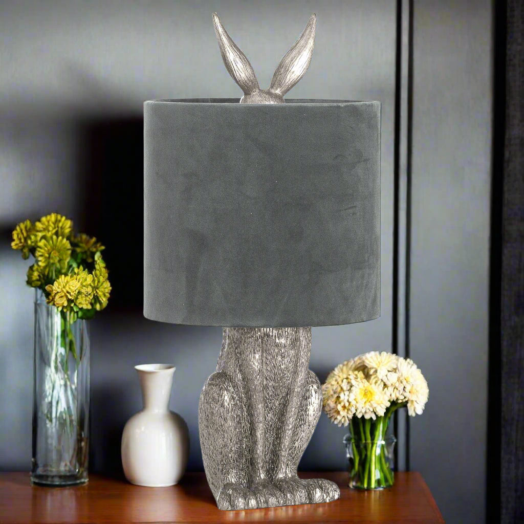 Silver Hare Table Lamp With Grey Velvet Shade