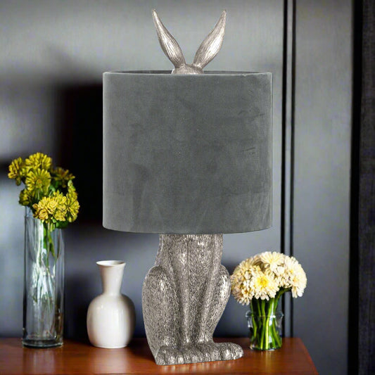 Silver Hare Table Lamp With Grey Velvet Shade
