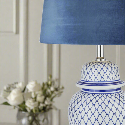 Malabar Blue And White Ceramic Lamp With Blue Velvet Shade