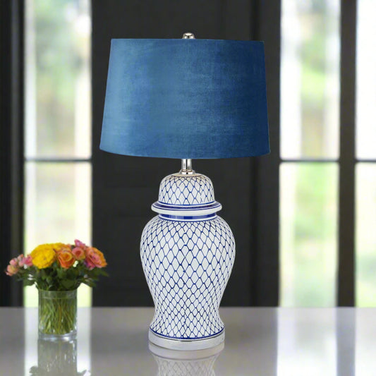Malabar Blue And White Ceramic Lamp With Blue Velvet Shade