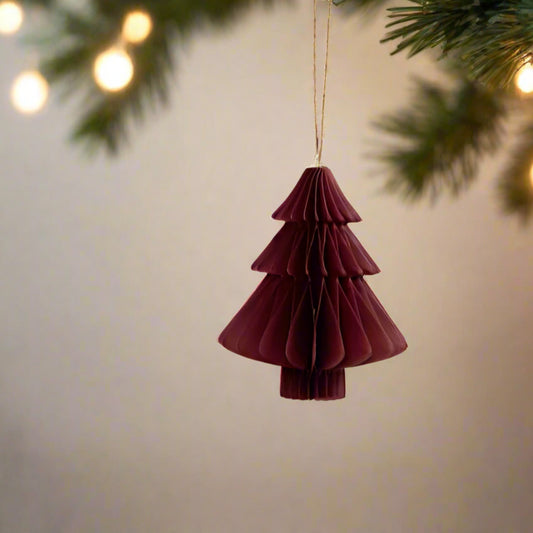 Rich claret coloured paper festive hanging decoration in a tree shape hanging from a Christmas Tree. Set of 3, lightweight, vibrant and affordable - shop at Purple Flamingo UK