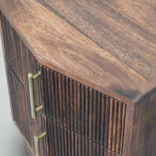 Close up birds eye view of the Harper Bedside Table, with Amber Oak finish, showcasing the table top and brass handles.