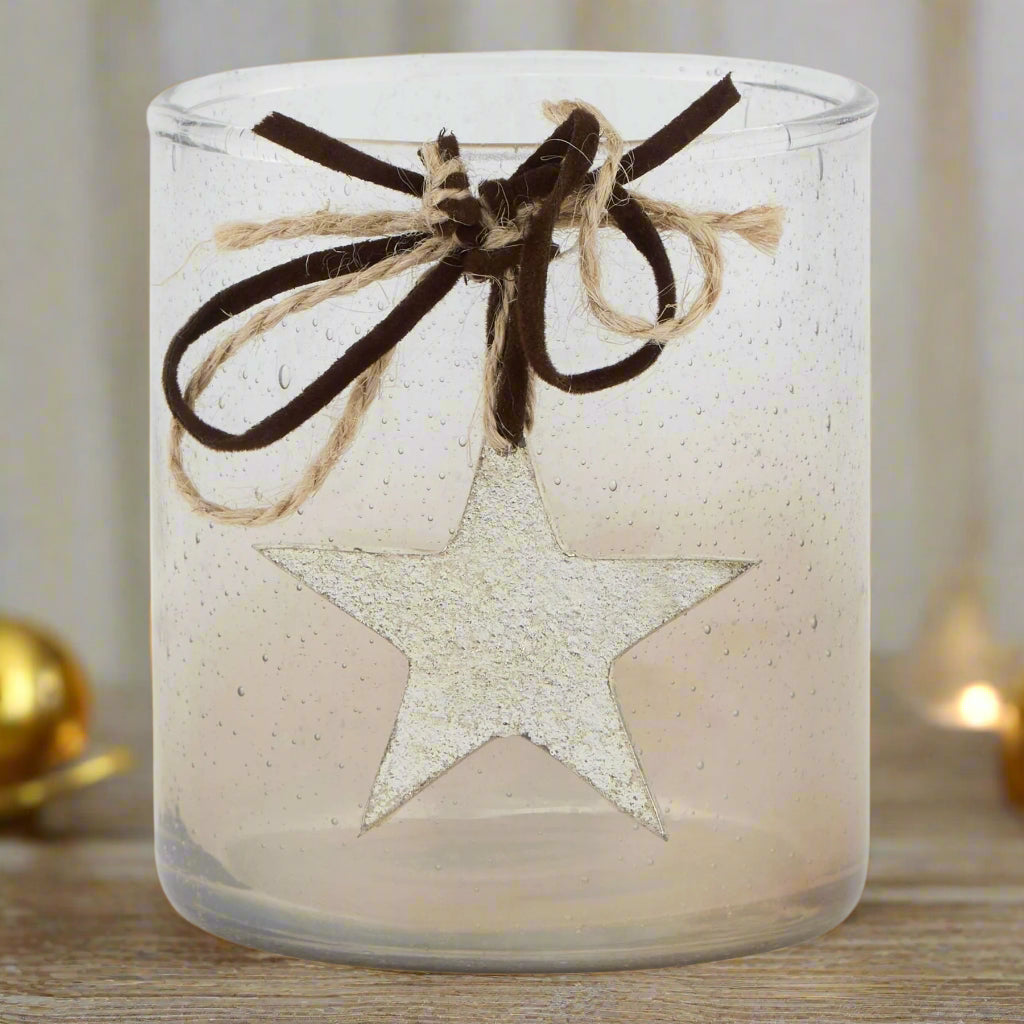 close view full frontal view of the decorative coffee ombre candle holder, decorated beautifully with a star and twine and velvet ribbon. Shop at Purple Flamingo UK.