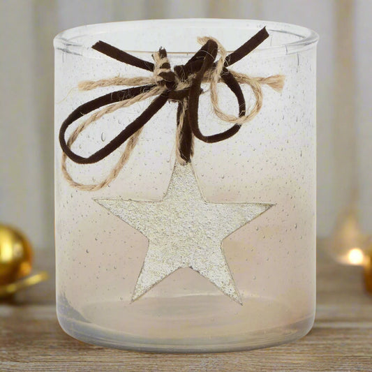 close view full frontal view of the decorative coffee ombre candle holder, decorated beautifully with a star and twine and velvet ribbon. Shop at Purple Flamingo UK.