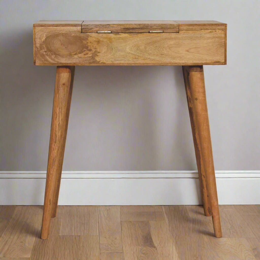 Back view of the cut out hand painted mini dressing table, highlighting pink paint and an oakish-finish