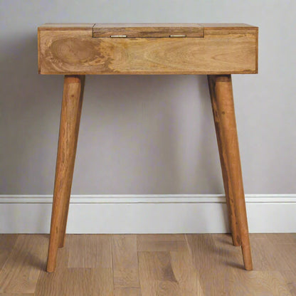 Back view of the cut out hand painted mini dressing table, highlighting pink paint and an oakish-finish