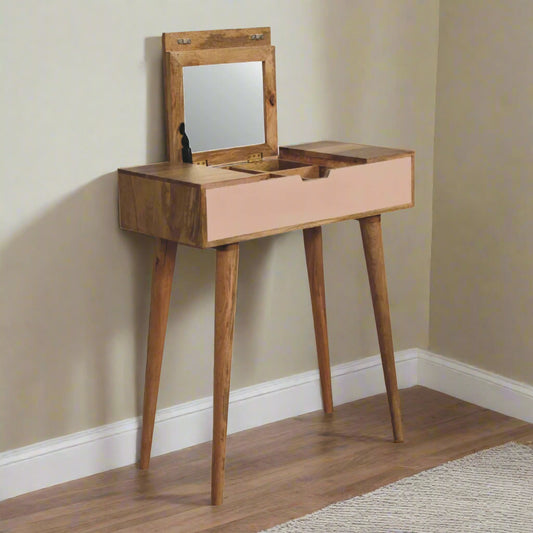 Front angled view of the cut-out hand painted mini dressing table, painted pink with oak-ish finish showcasing the fold-up mirror open