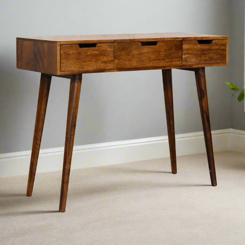 Cut-Out natural dressing table, finished in Chestnut tone, forward facing with a slight angle
