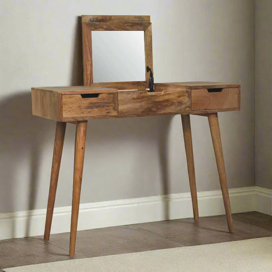 Front angled view of the cut-out natural dressing table, with oak-ish finish showcasing the fold-up mirror open