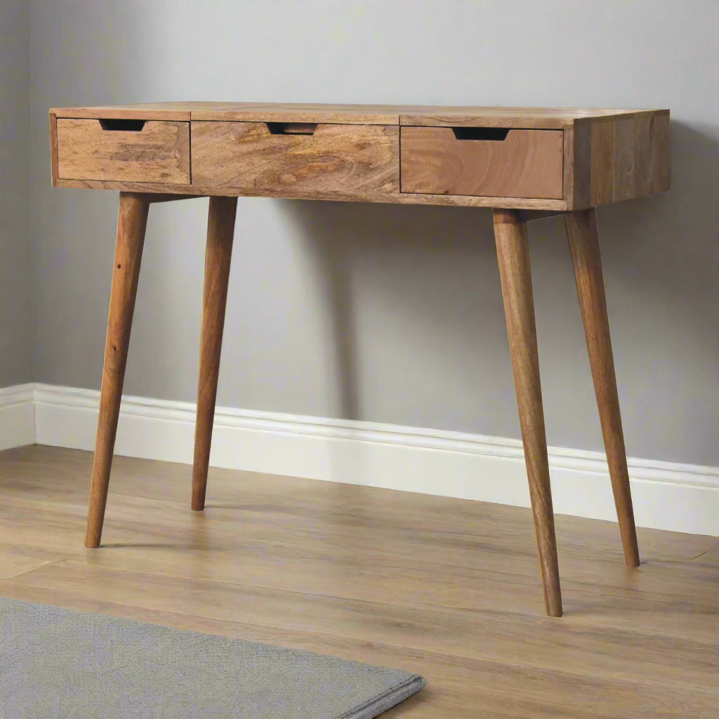 Front angled view of the cut-out natural dressing table, with oak-ish finish