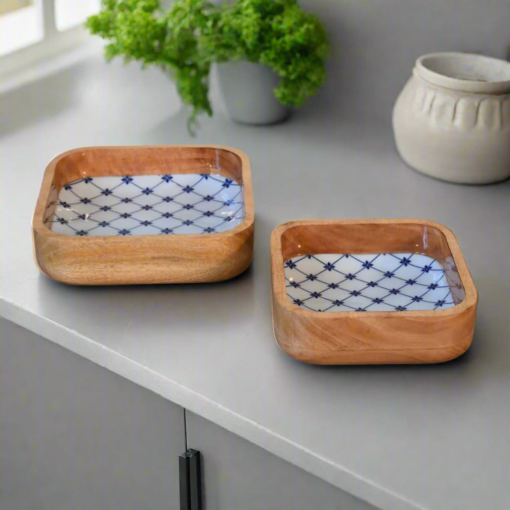 Blue and White Square Bowl Set of 2