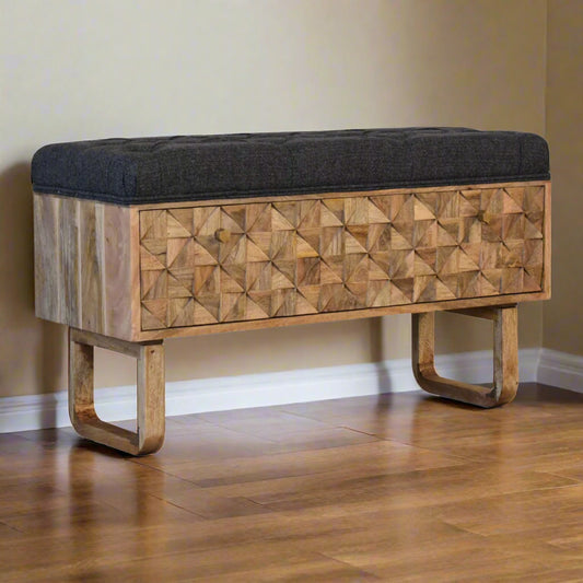 'U' Pineapple Black Tweed Storage Bench (Oak-ish Finish)