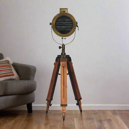 Brass Antique Tripod Fold Spotlight Floor Lamp