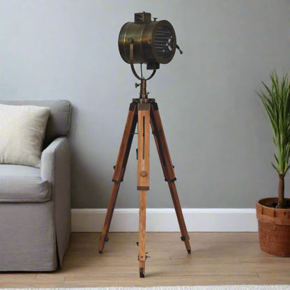 Brass Antique Tripod Fold Spotlight Floor Lamp