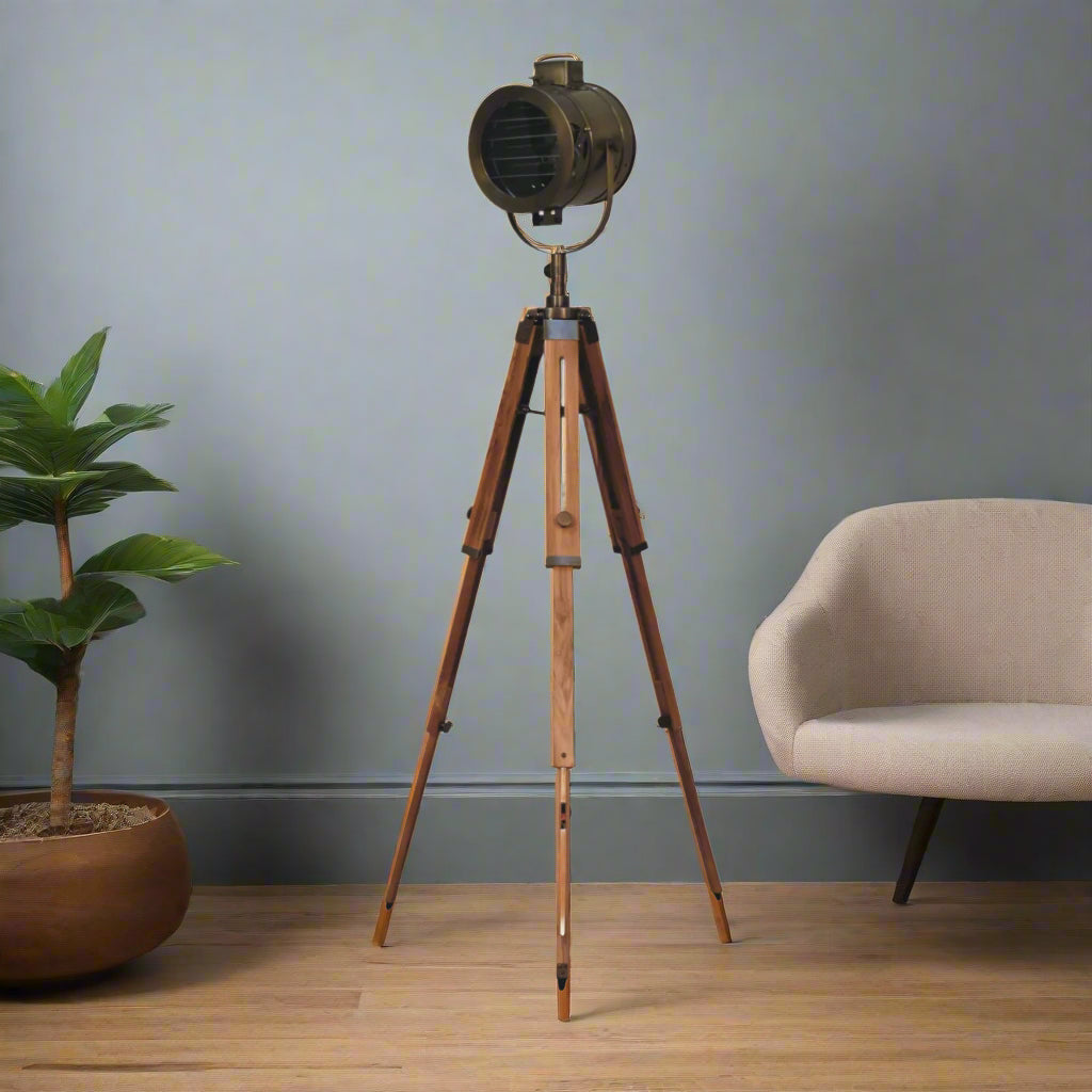 Brass Antique Tripod Fold Spotlight Floor Lamp