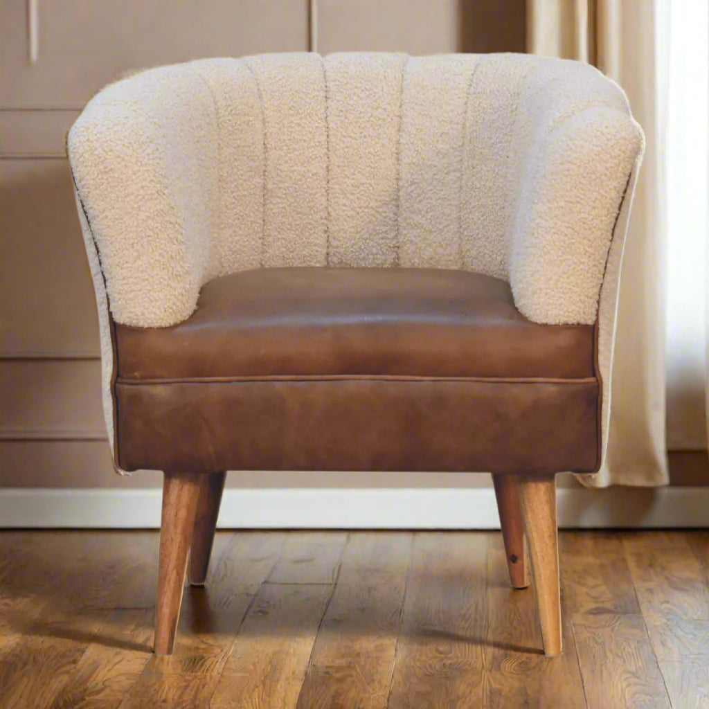 Leather Boucle Armchair: Cream
