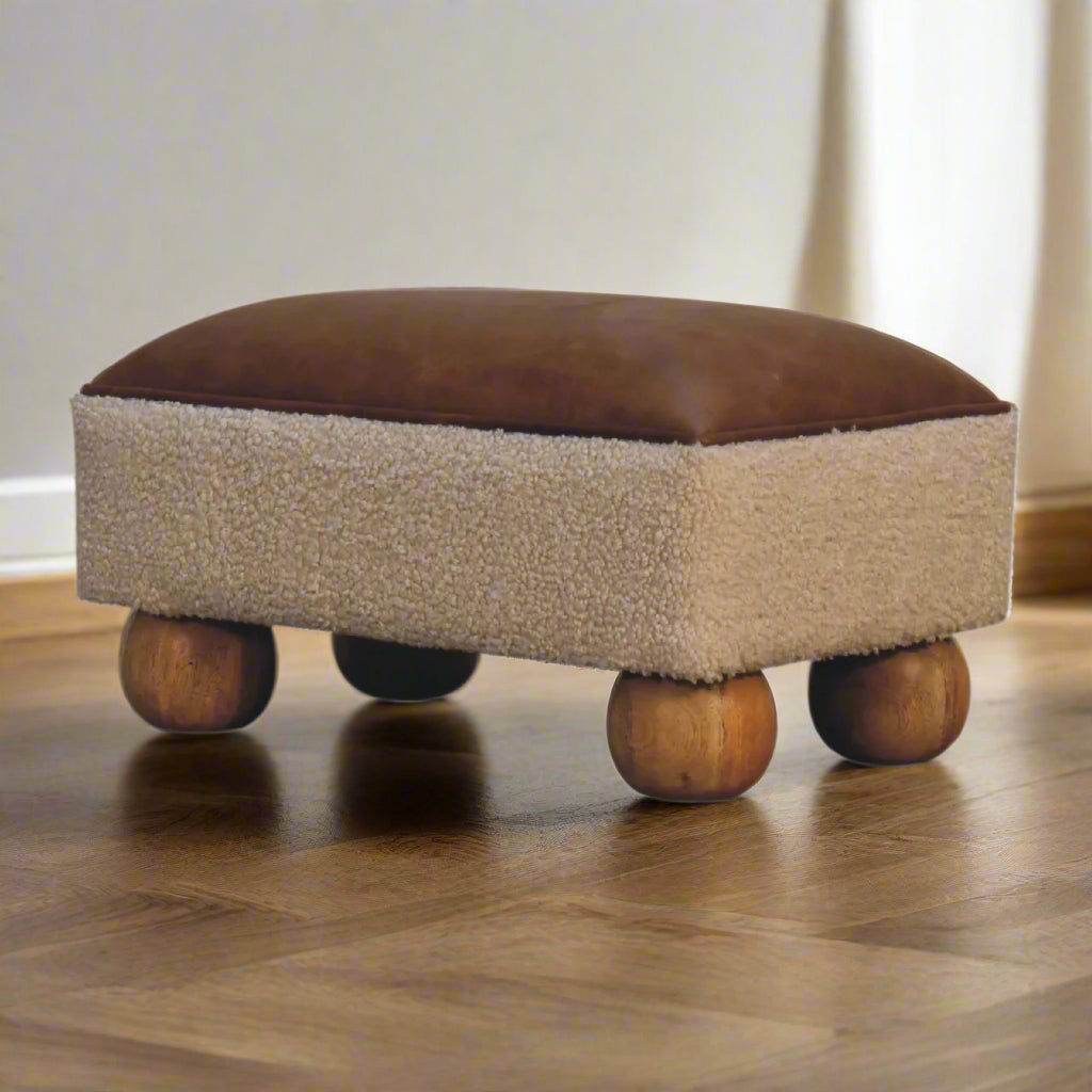 Leather Boucle Vintage Ball Footstool