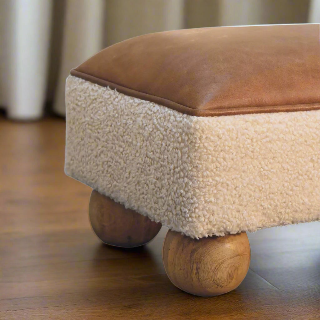 Leather Boucle Vintage Ball Footstool