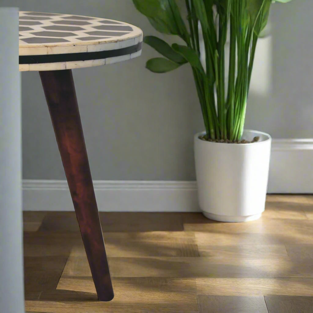 Honeycomb Bone Inlay Tripod Table With Honey Caramel Finish