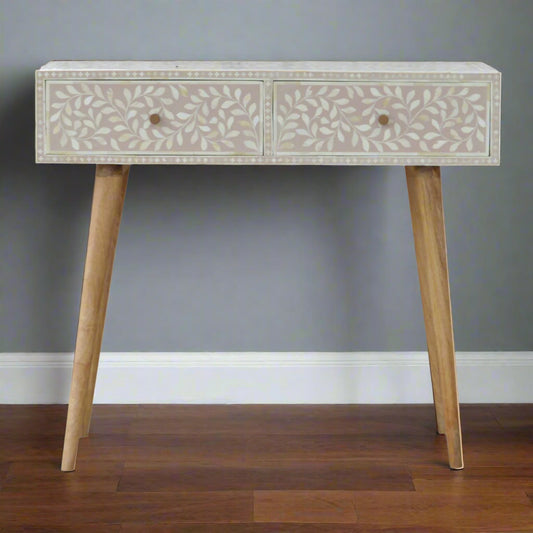 Floral Bone Inlay Console Table - Taupe (Oak-ish Finish)