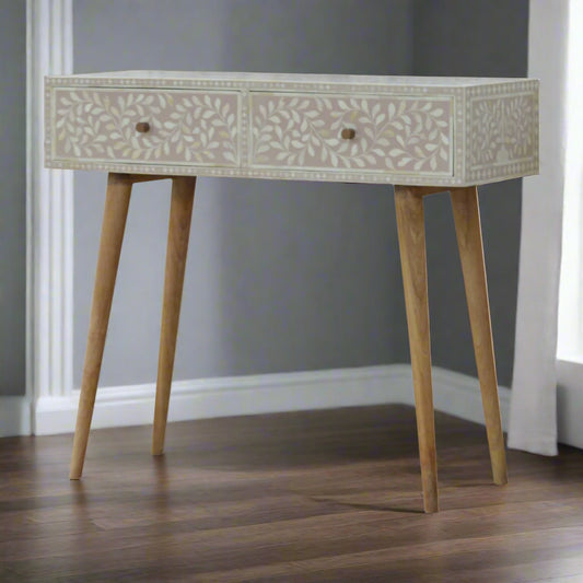 Floral Bone Inlay Console Table - Taupe (Oak-ish Finish)