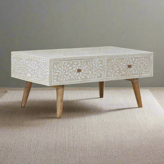 Floral Bone Inlay Drawer Coffee Table - Taupe (Oak-ish Finish)