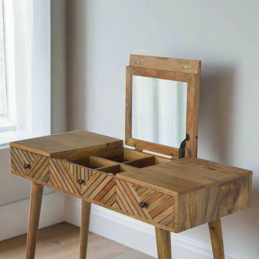 Line carved dressing table, natural finish, front elevated view showing open mirror revealing storage compartments.