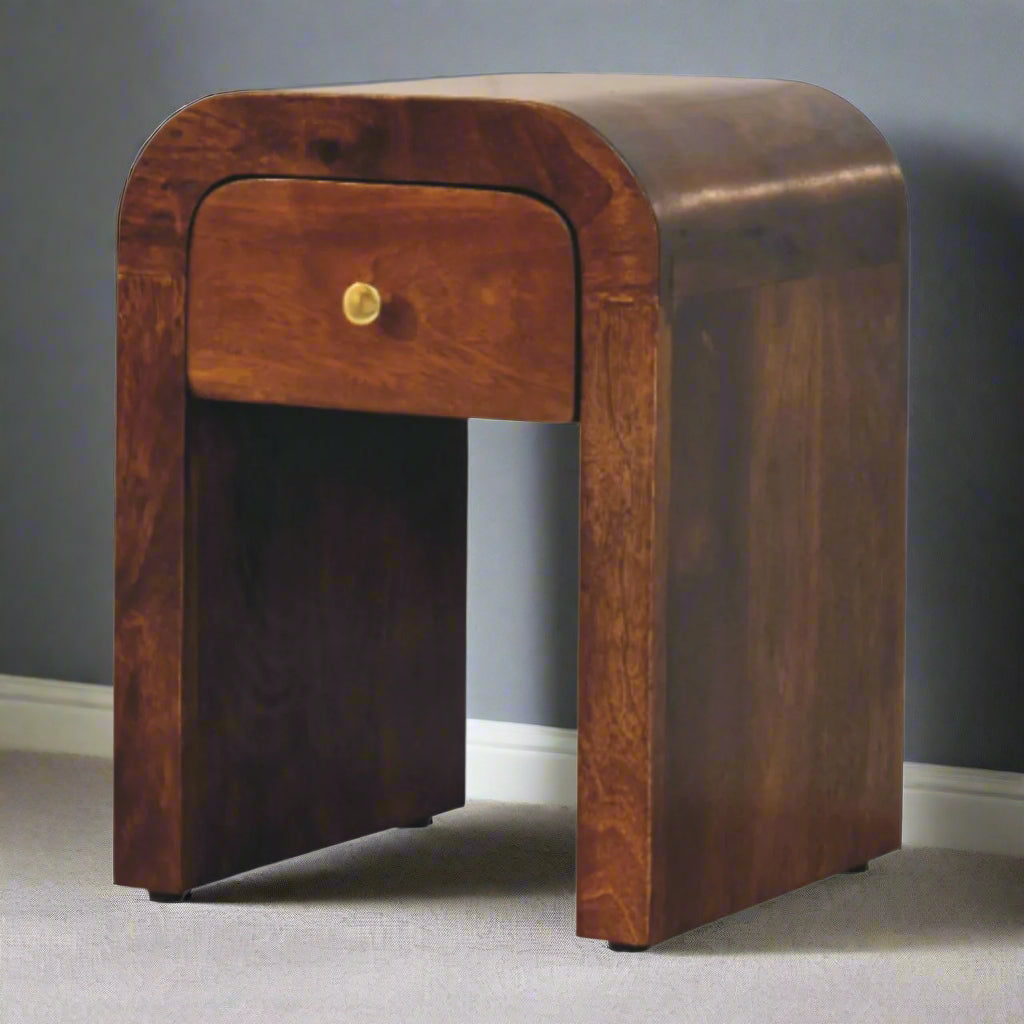 Mini Darcy Chestnut 1 Drawer Bedside Table crafted from solid mango wood, front view, perfect for bedroom or living space.