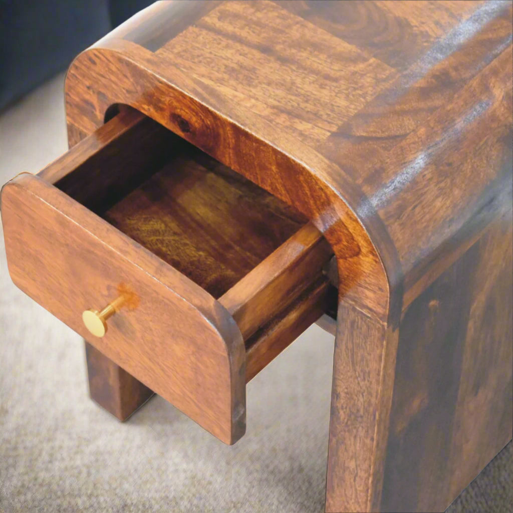 Mini Darcy Chestnut Bedside Table with the drawer pulled open, showcasing interior storage space.