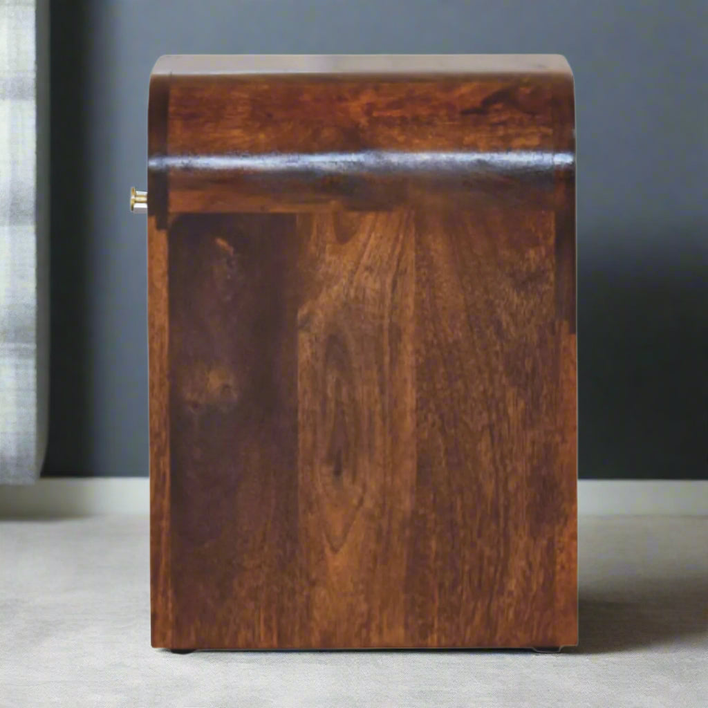 Side view of the Mini Darcy Chestnut 1 Drawer Bedside Table, showing its compact and sleek silhouette.