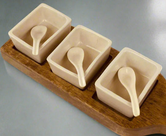 Wooden Tray With 3x Dip Bowls & Spoons 36cm