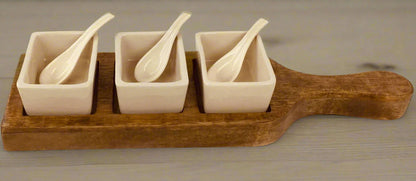 Wooden Tray With 3x Dip Bowls & Spoons 36cm