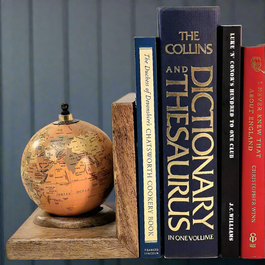 Pair of World Globe Bookends Set in Mango Wood