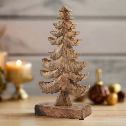 Wooden free standing Christmas tree ornament with intricately carved tree branches. Shop at Purple Flamingo UK