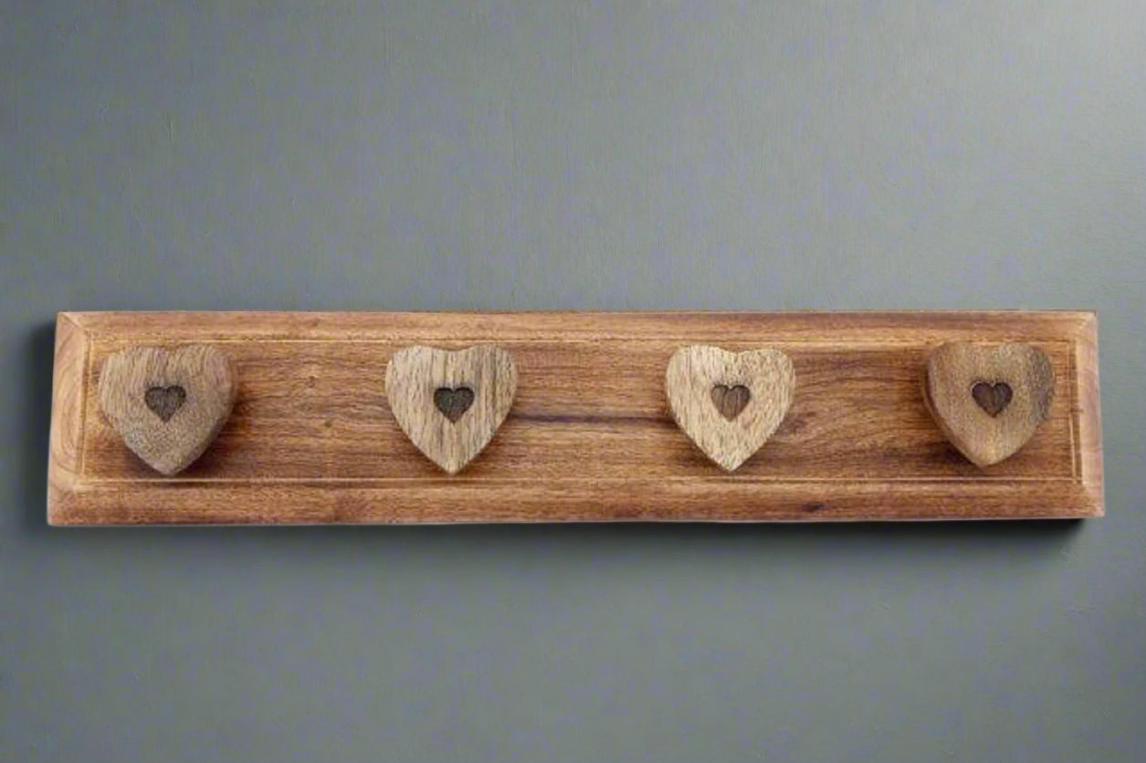 Mango Wood 4 Heart Hooks